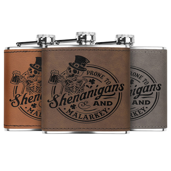 ☘️ Prone To Shenanigans & Malarkey Premium Leather Flask ☘️