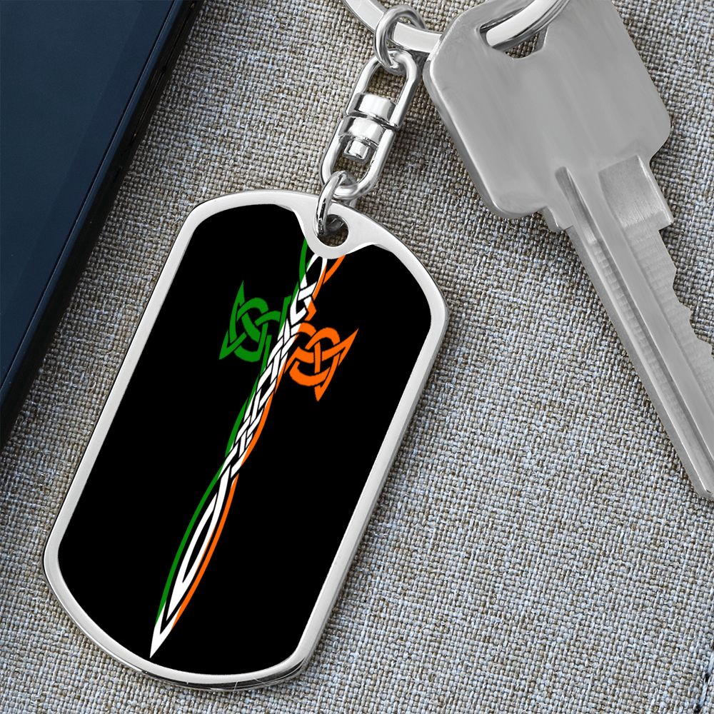 Irish Celtic Cross Dagger Graphic Dog Tag Keychain