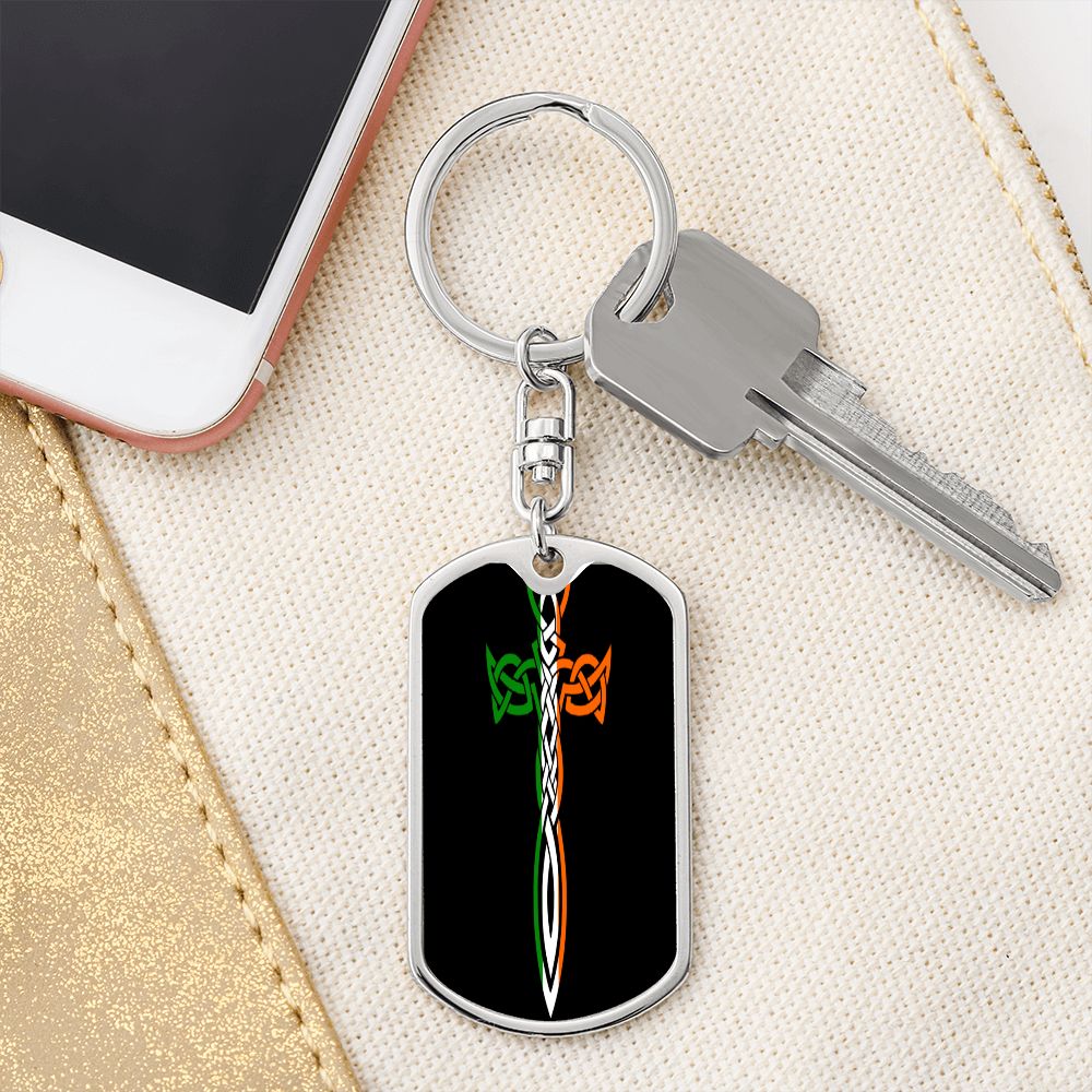 Irish Celtic Cross Dagger Graphic Dog Tag Keychain