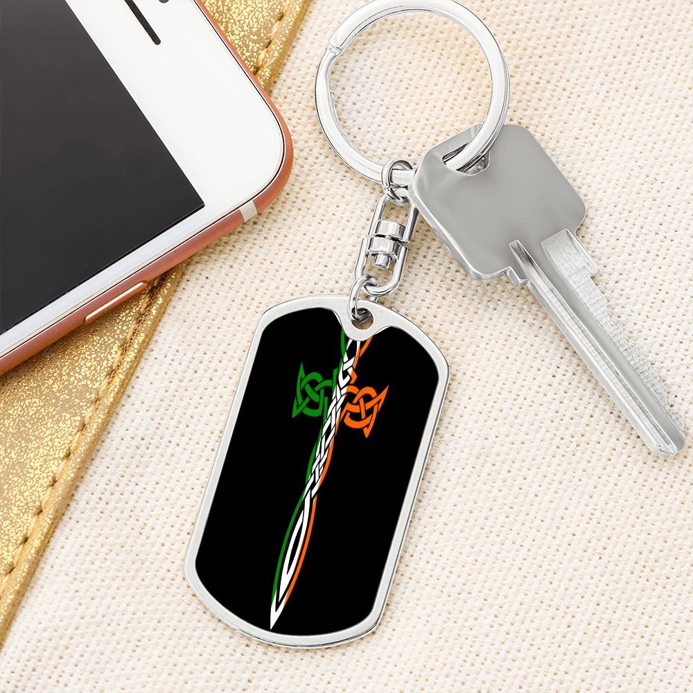 Irish Celtic Cross Dagger Graphic Dog Tag Keychain