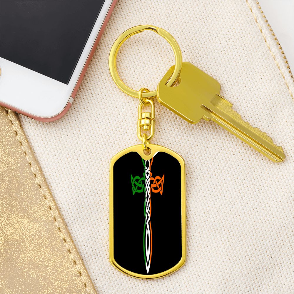 Irish Celtic Cross Dagger Graphic Dog Tag Keychain