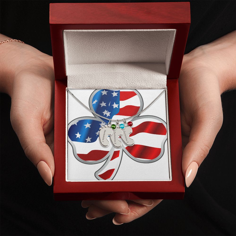 ☘️ American Flag Shamrock Custom Baby Feet Necklace with Birthstone ☘️
