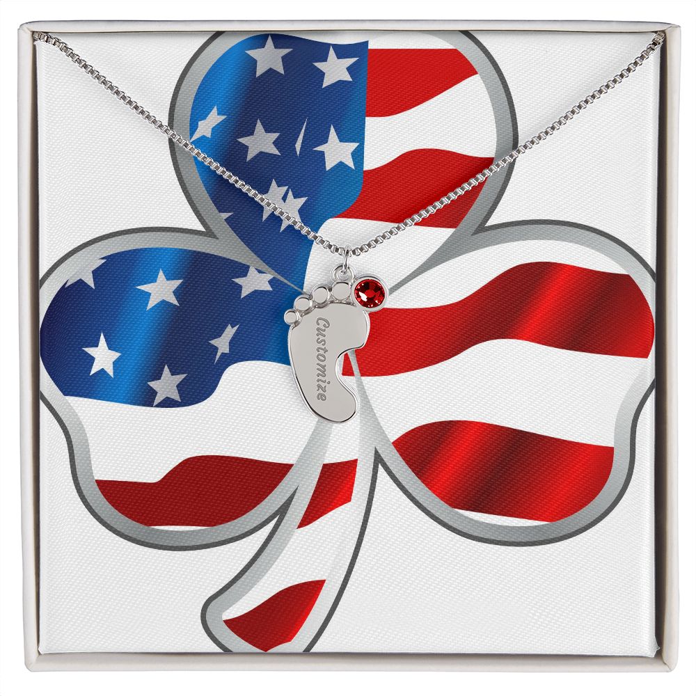 ☘️ American Flag Shamrock Custom Baby Feet Necklace with Birthstone ☘️