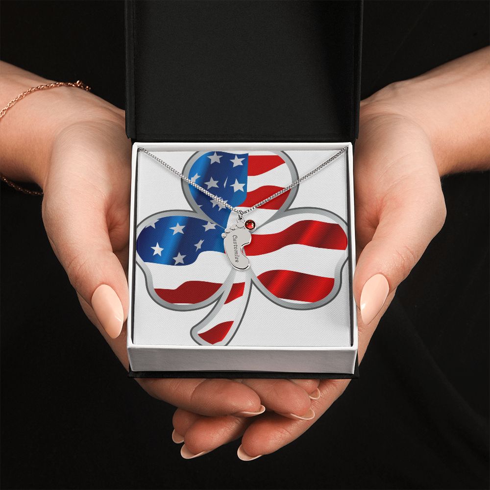 ☘️ American Flag Shamrock Custom Baby Feet Necklace with Birthstone ☘️