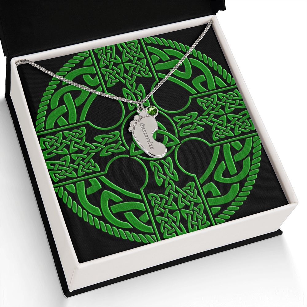 ☘️ Irish Celtic Cross Shield Custom Baby Feet Necklace with Birthstone ☘️