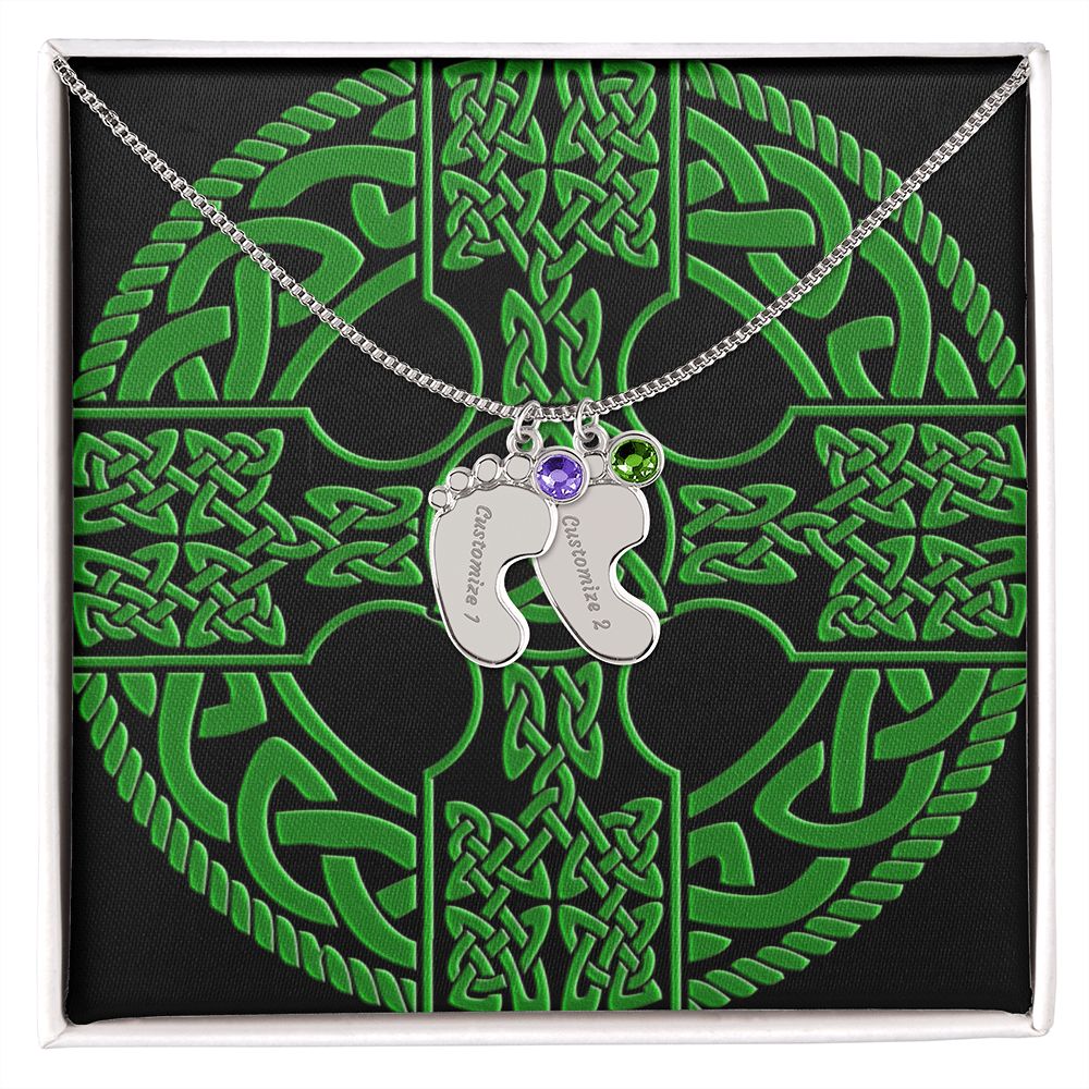 ☘️ Irish Celtic Cross Shield Custom Baby Feet Necklace with Birthstone ☘️