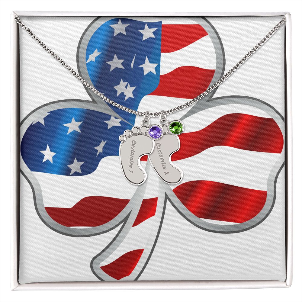 ☘️ American Flag Shamrock Custom Baby Feet Necklace with Birthstone ☘️