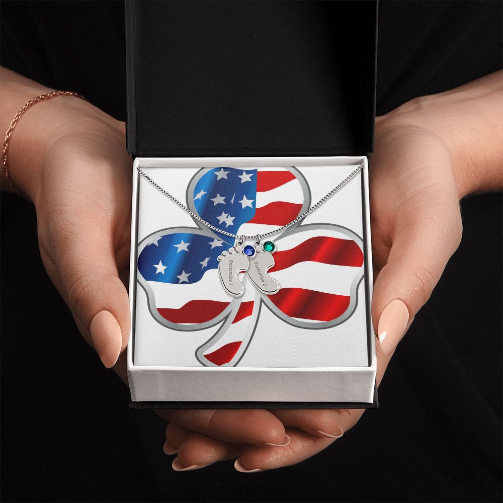 ☘️ American Flag Shamrock Custom Baby Feet Necklace with Birthstone ☘️