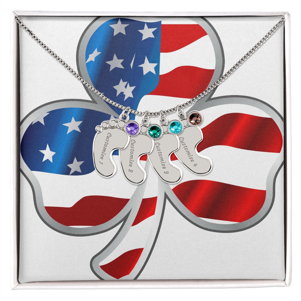 ☘️ American Flag Shamrock Custom Baby Feet Necklace with Birthstone ☘️