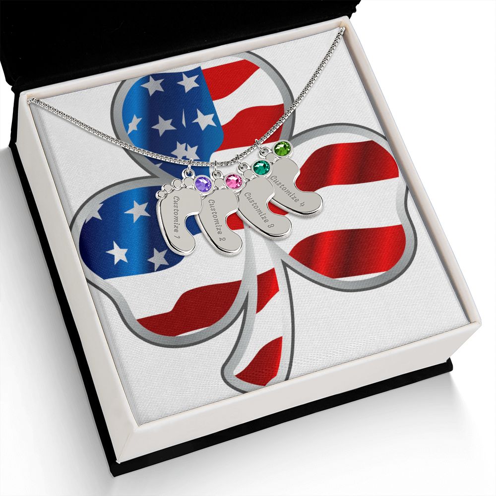 ☘️ American Flag Shamrock Custom Baby Feet Necklace with Birthstone ☘️