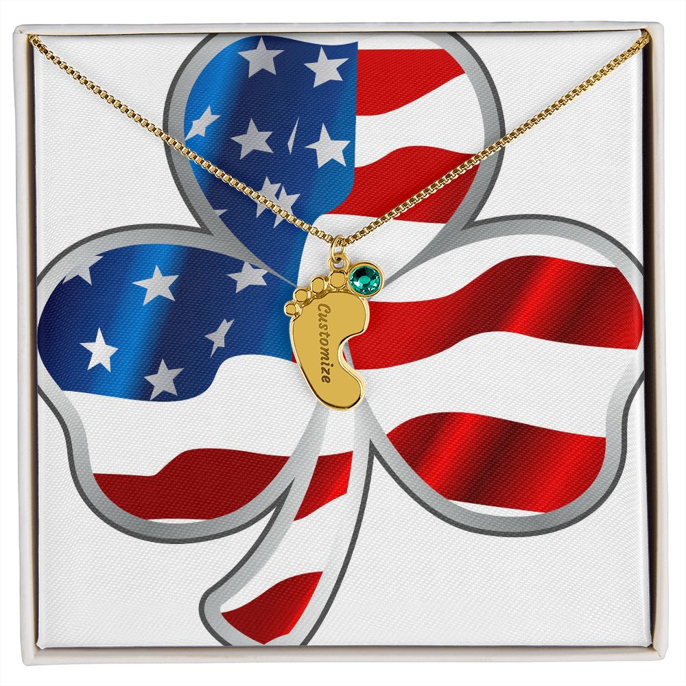 ☘️ American Flag Shamrock Custom Baby Feet Necklace with Birthstone ☘️