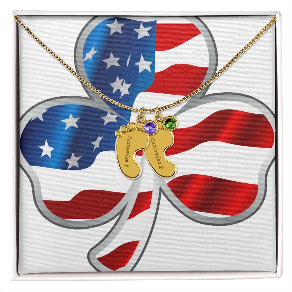☘️ American Flag Shamrock Custom Baby Feet Necklace with Birthstone ☘️