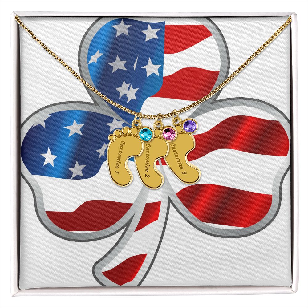 ☘️ American Flag Shamrock Custom Baby Feet Necklace with Birthstone ☘️