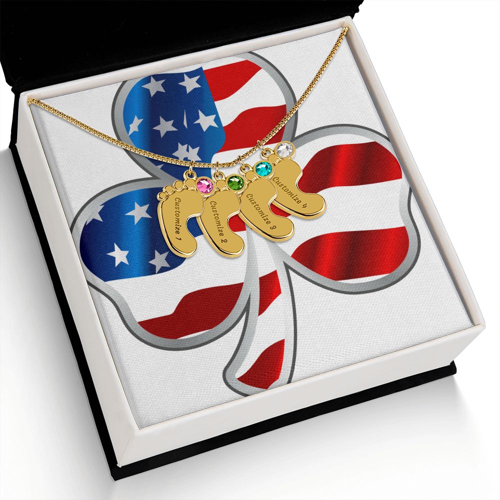 ☘️ American Flag Shamrock Custom Baby Feet Necklace with Birthstone ☘️