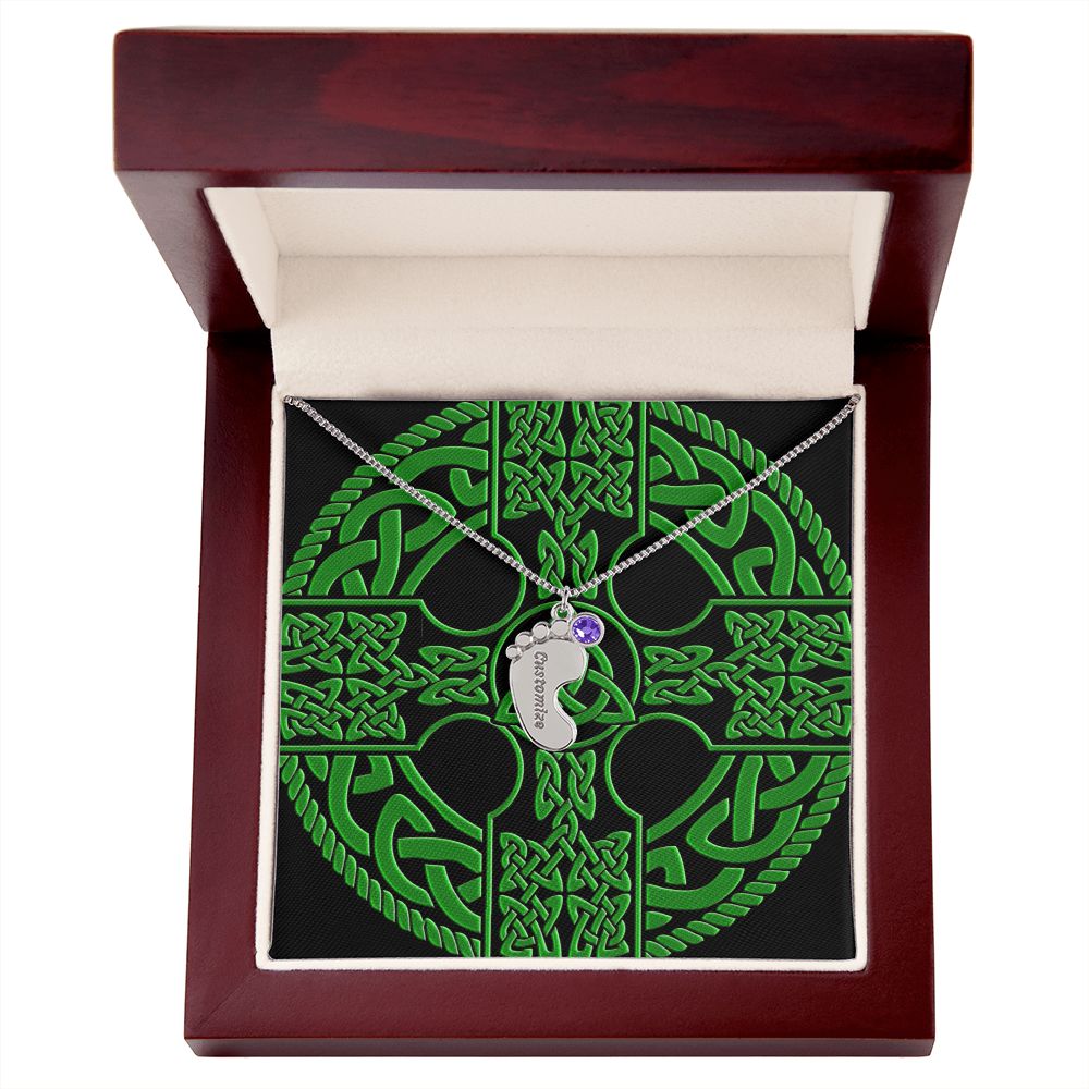 ☘️ Irish Celtic Cross Shield Custom Baby Feet Necklace with Birthstone ☘️