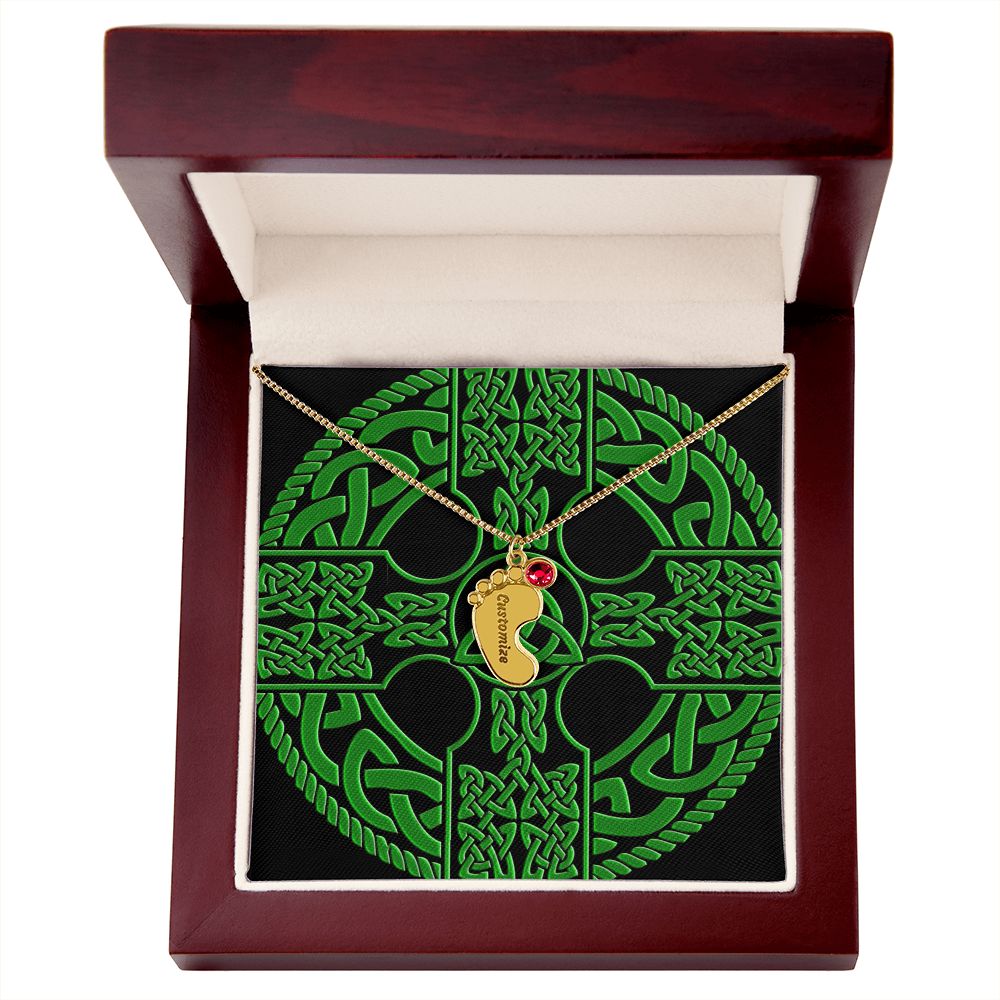 ☘️ Irish Celtic Cross Shield Custom Baby Feet Necklace with Birthstone ☘️