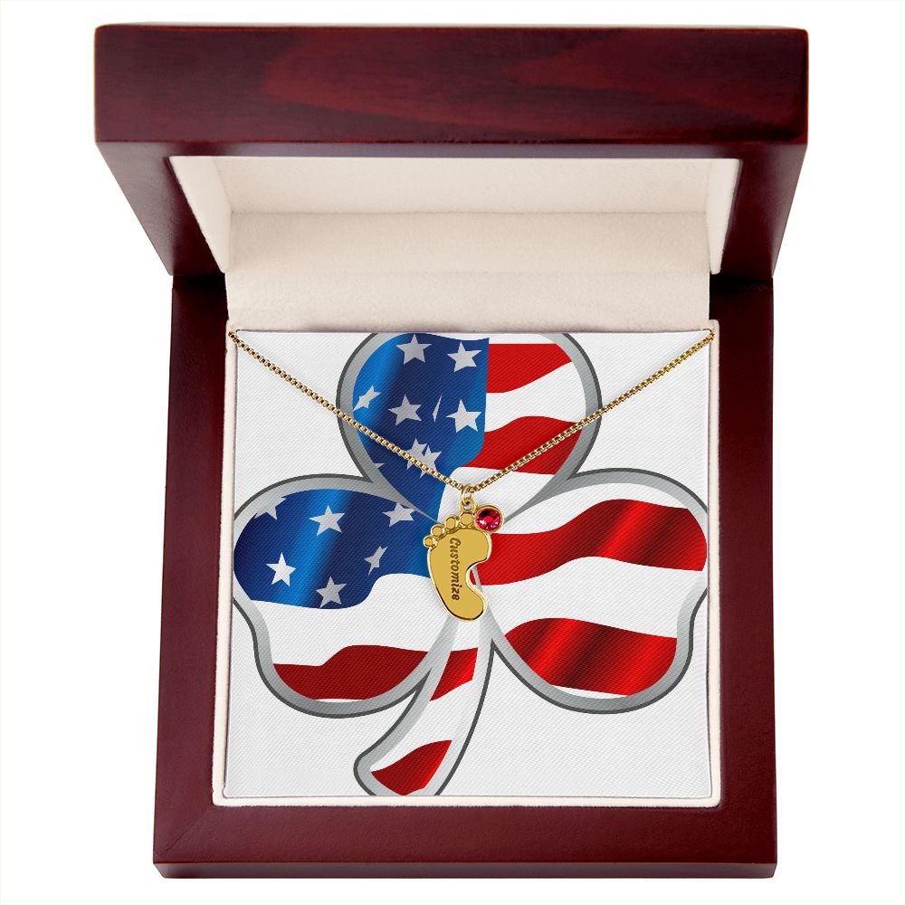☘️ American Flag Shamrock Custom Baby Feet Necklace with Birthstone ☘️