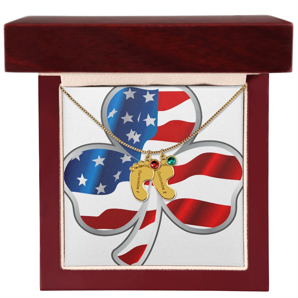☘️ American Flag Shamrock Custom Baby Feet Necklace with Birthstone ☘️