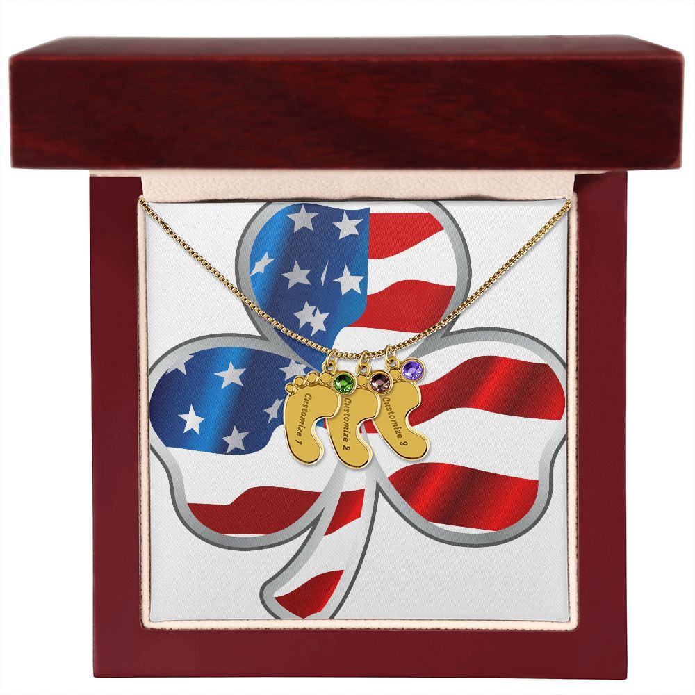 ☘️ American Flag Shamrock Custom Baby Feet Necklace with Birthstone ☘️